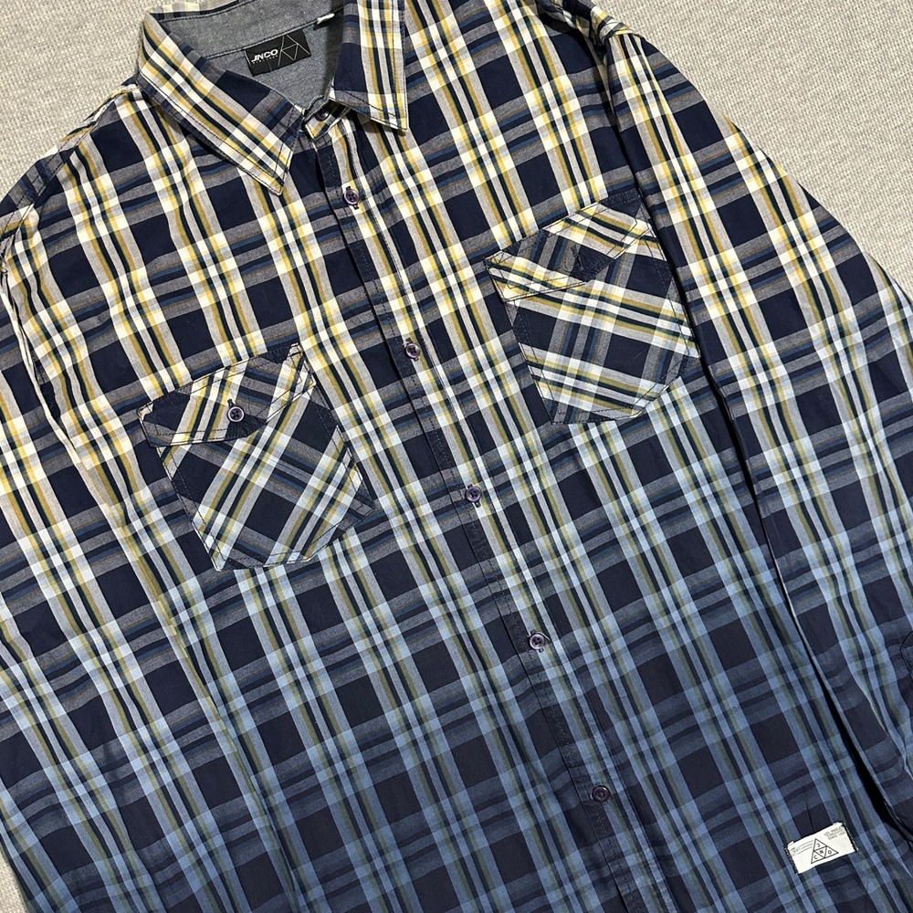 JNCO Blue Ombre Plaid Long Sleeve Button Down Streetwear Shirt Cotton Mens XXL